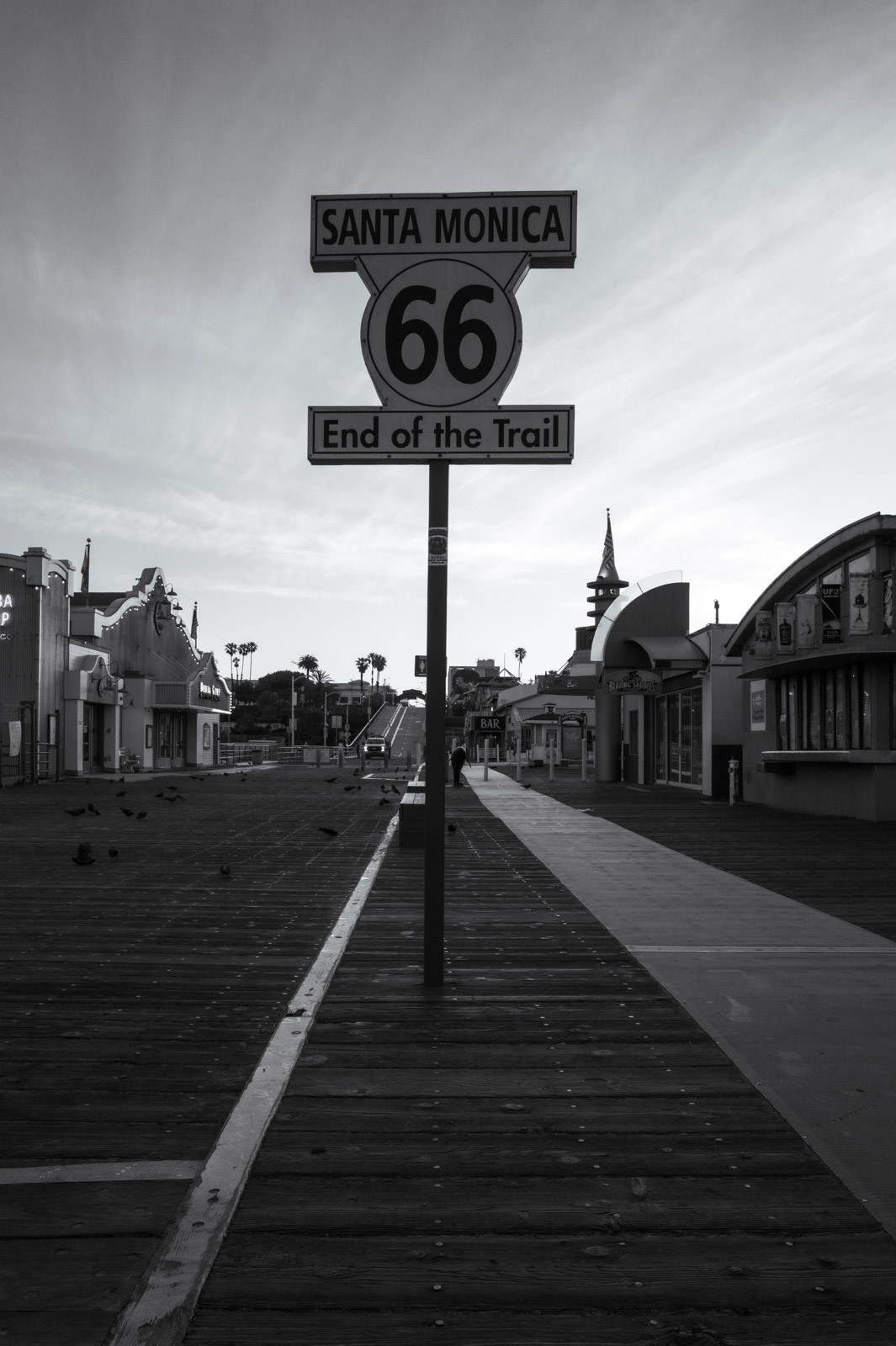 “Santa Monica 66, End of the Trail” sign on the wooden pier, Los Angeles