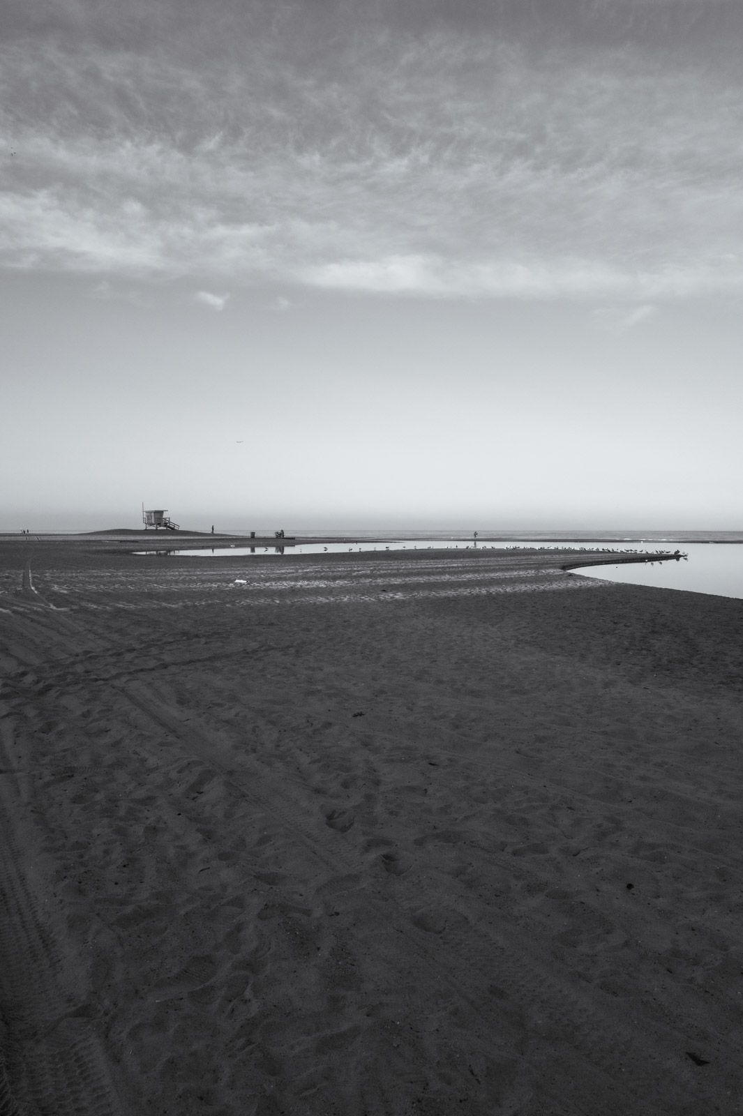 Empty beach at dawn with the pier in the background, Los Angeles