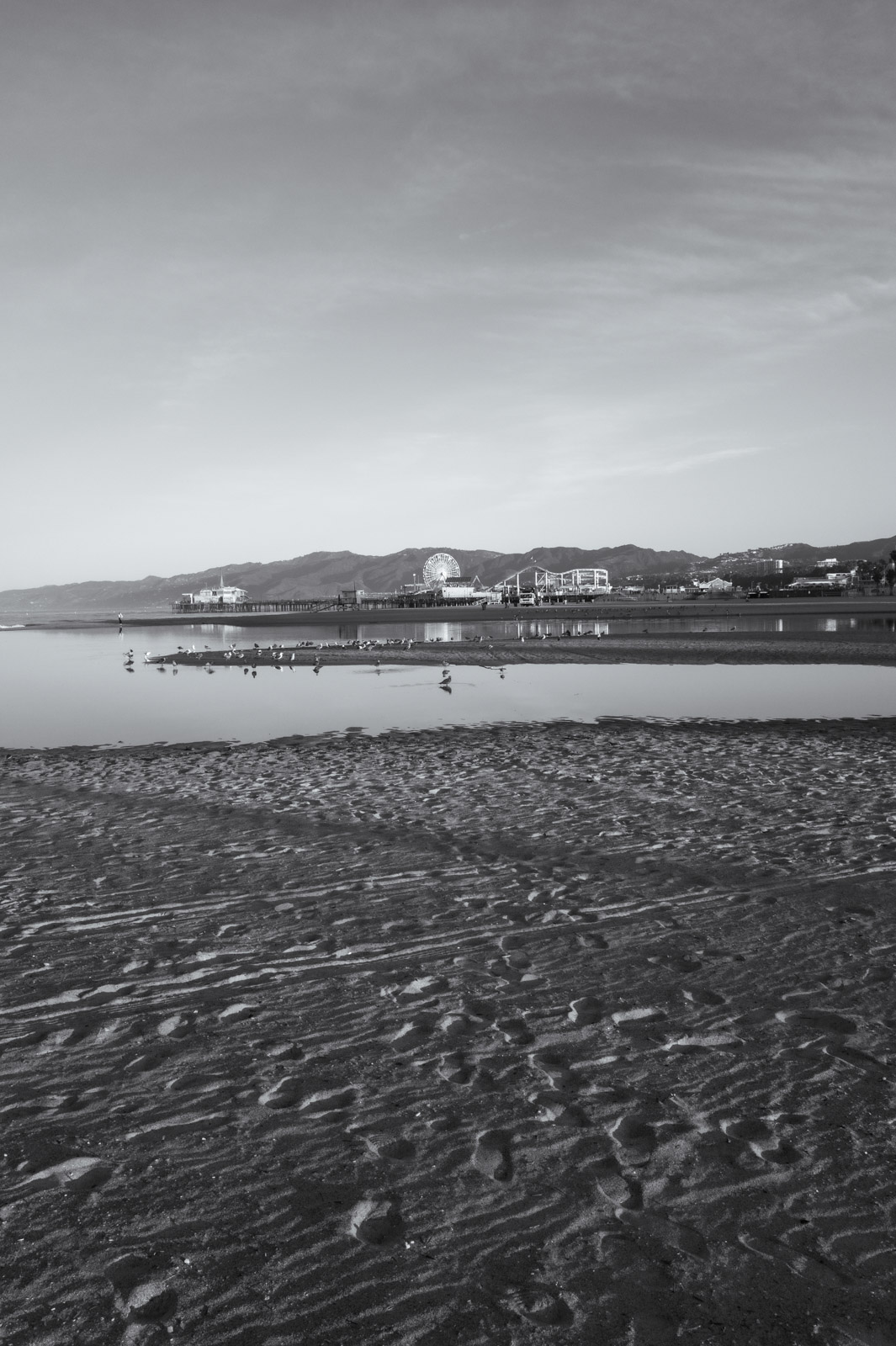 Tide-rippled empty beach, buildings in the distance, Los Angeles