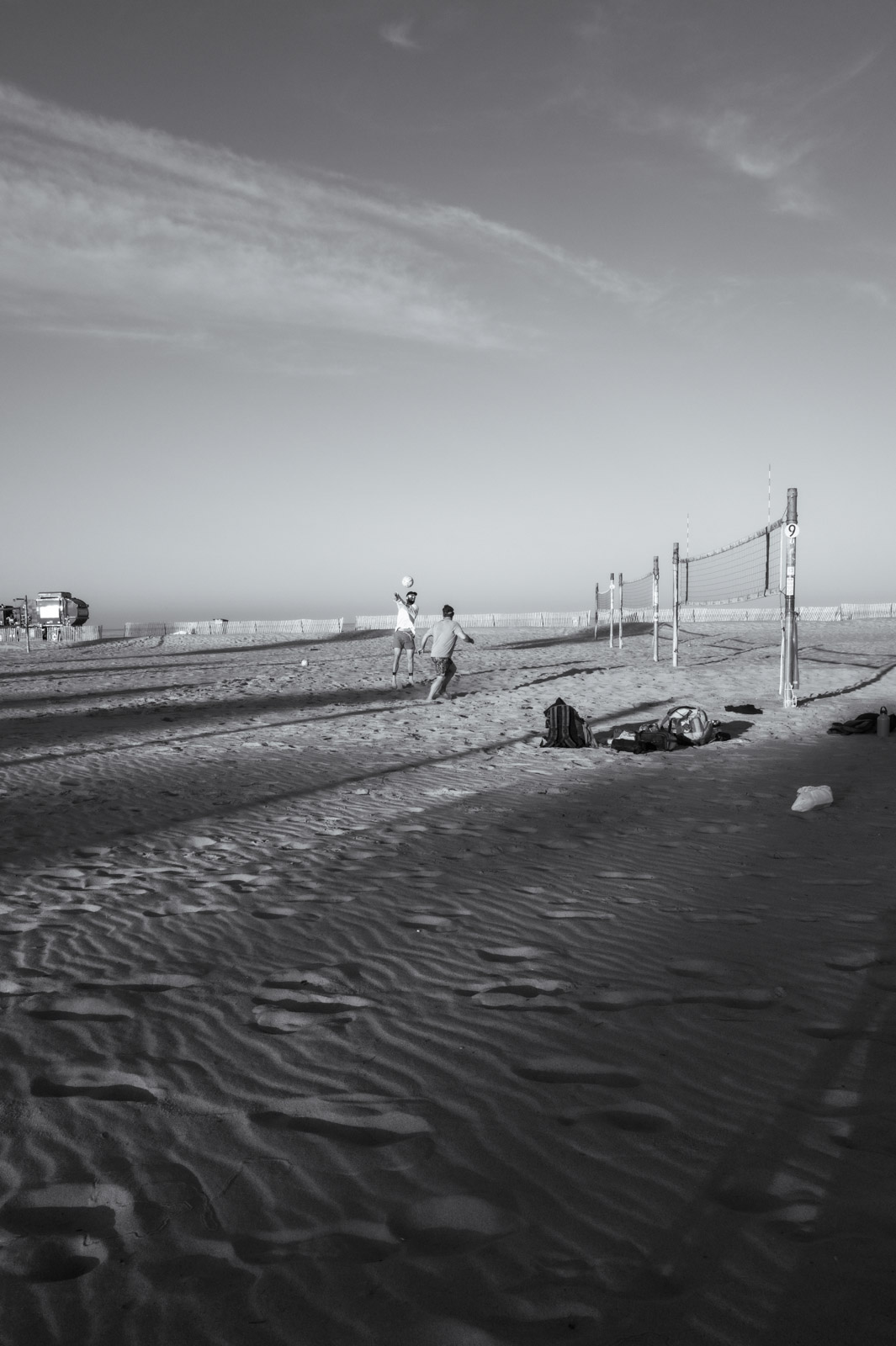 Volleyball net planted in the sand, empty beach, Los Angeles