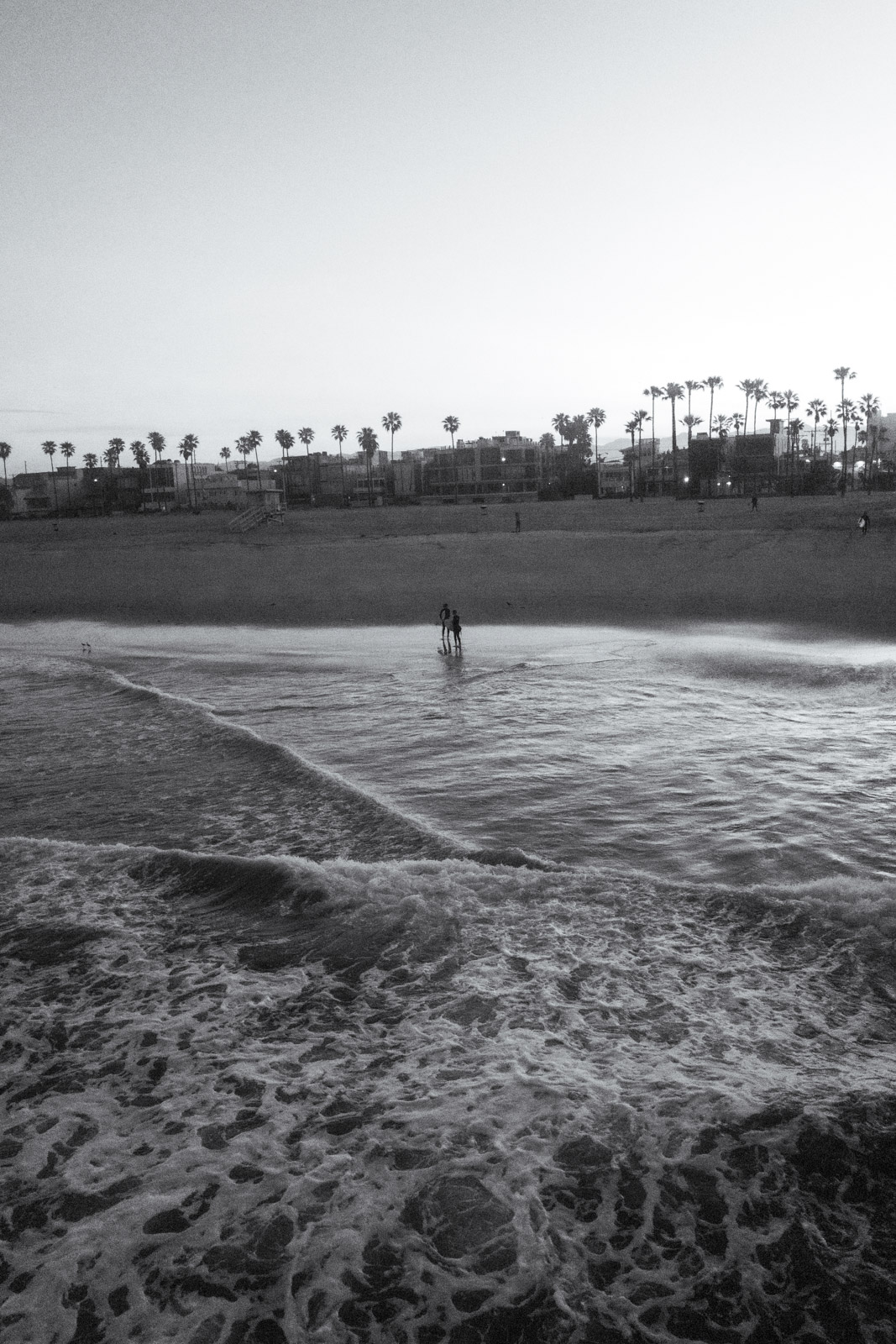 Swimmer facing the waves at dusk, Los Angeles