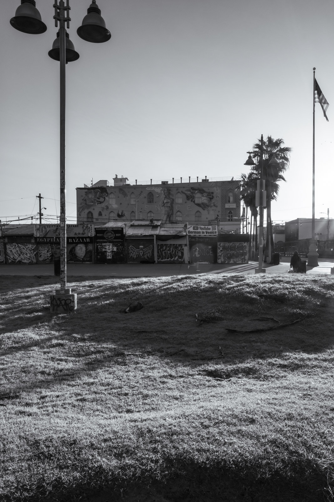 Streetlamp and flag in a park at sunrise, Los Angeles