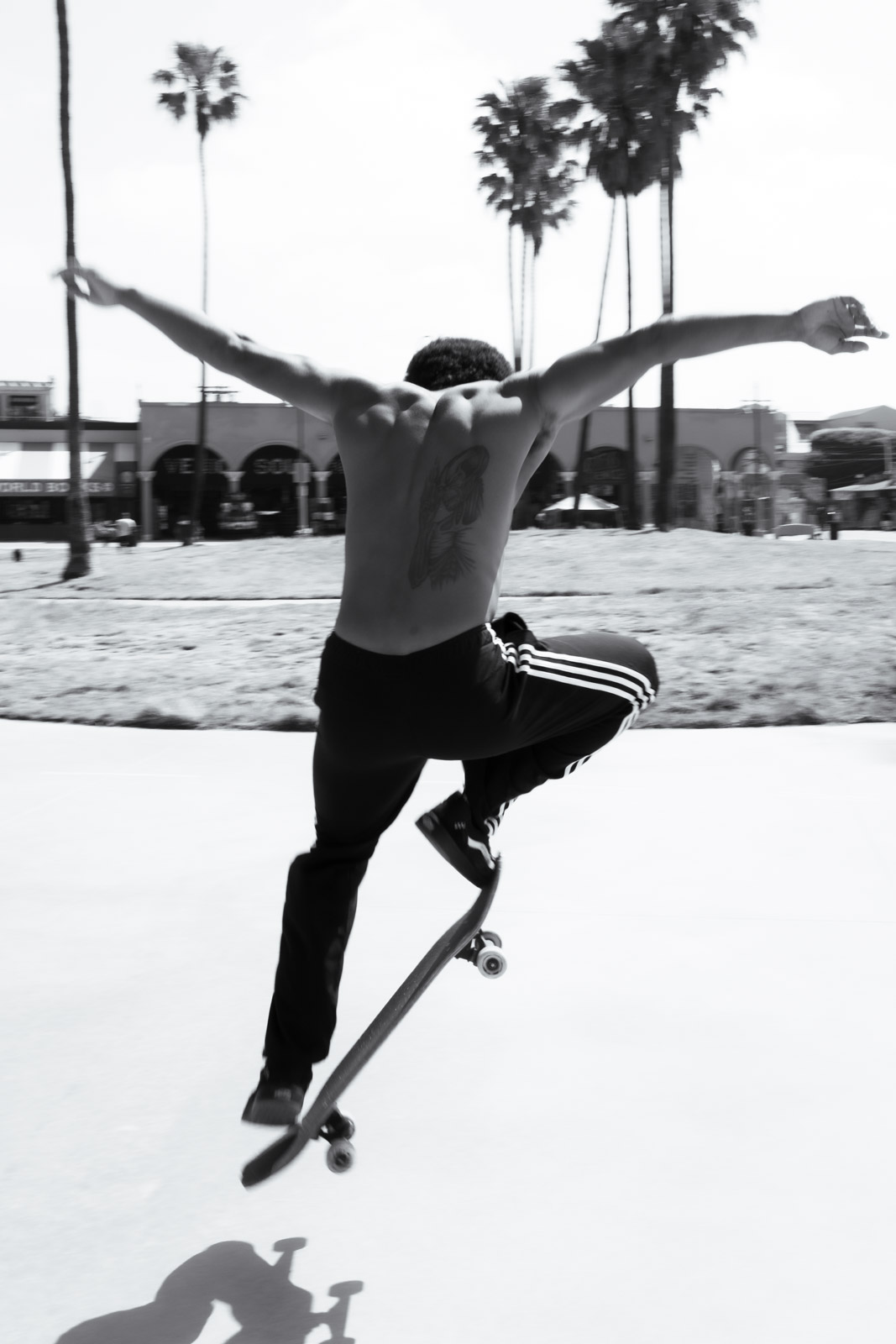 Skateboarder seen from behind, arms spread mid-jump, Los Angeles