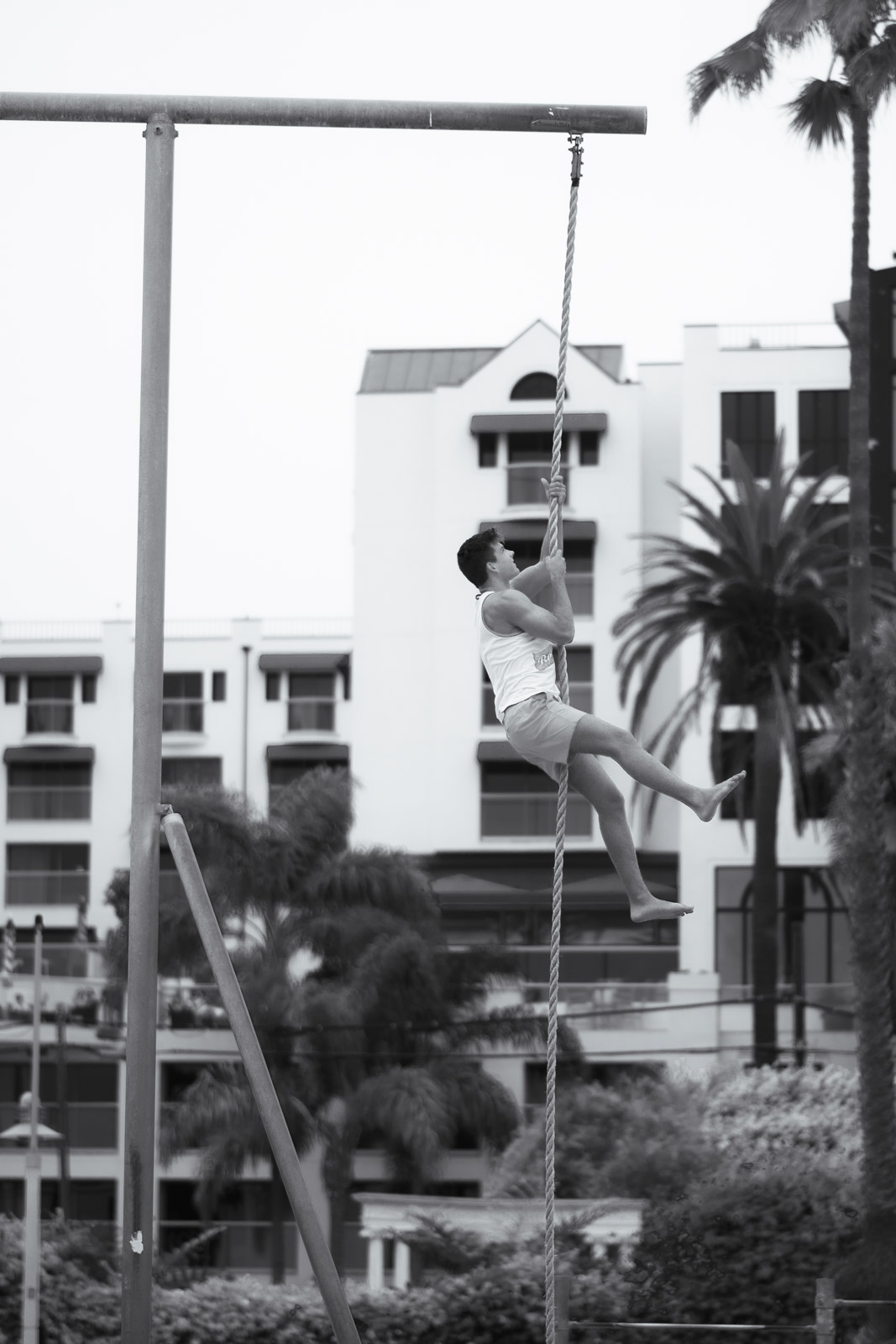 Person hanging from rings at an outdoor fitness structure, Los Angeles