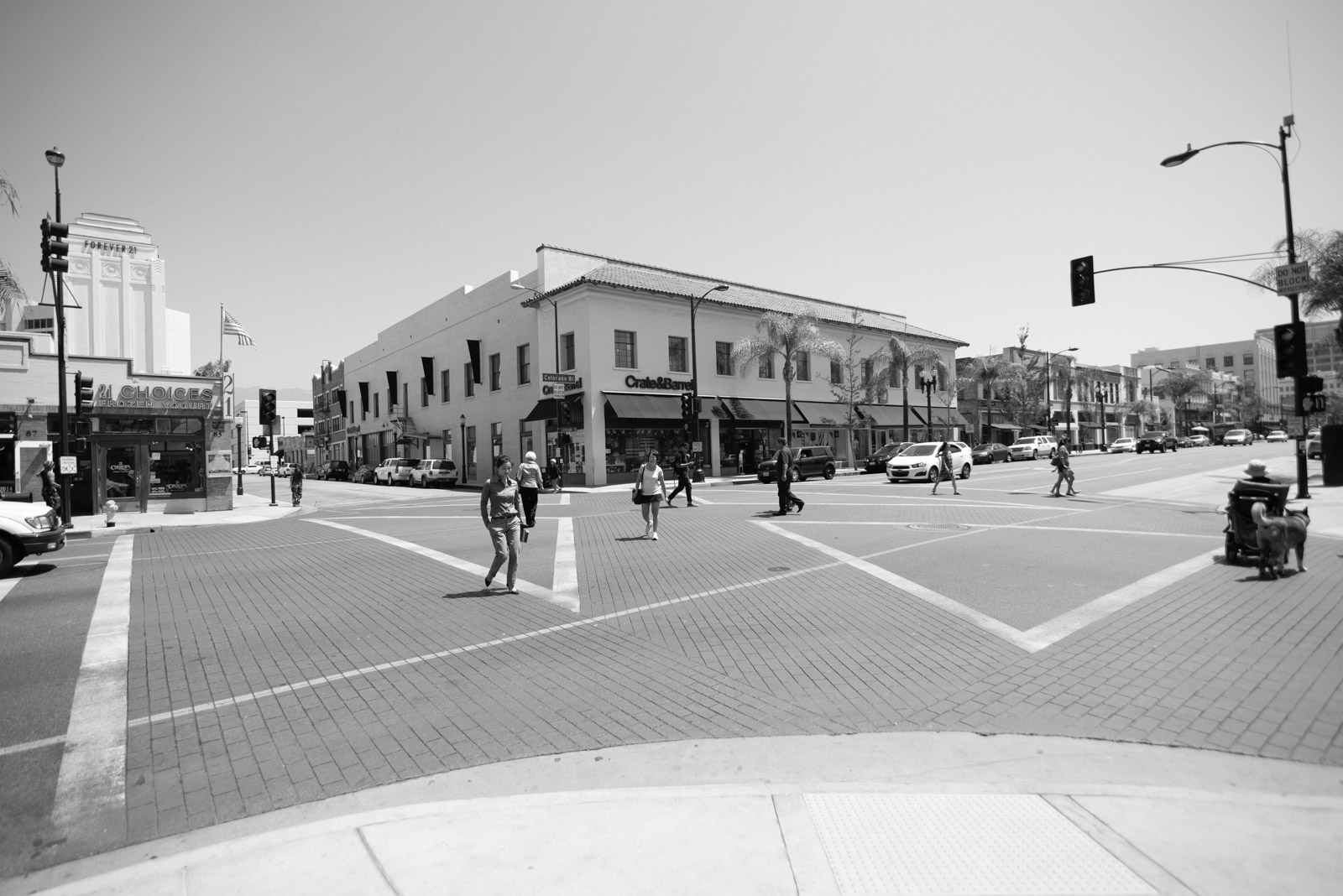 Busy crosswalk at dusk in a historic district, Los Angeles