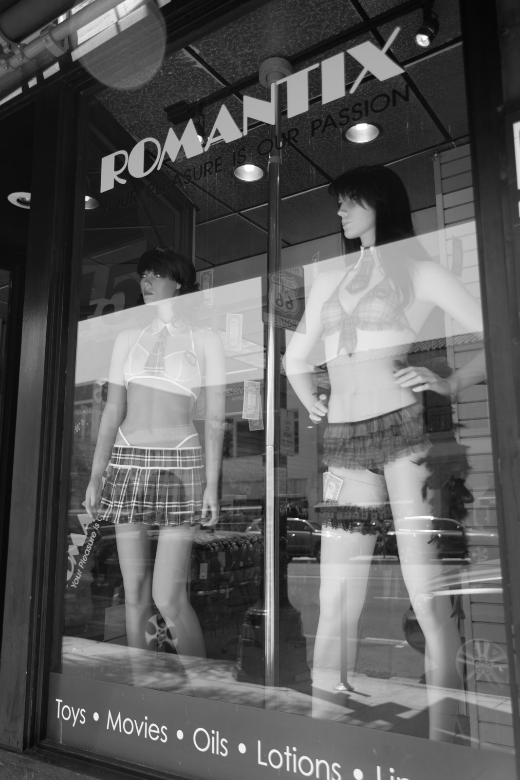 Adult shop storefront with mannequins in the window, Los Angeles