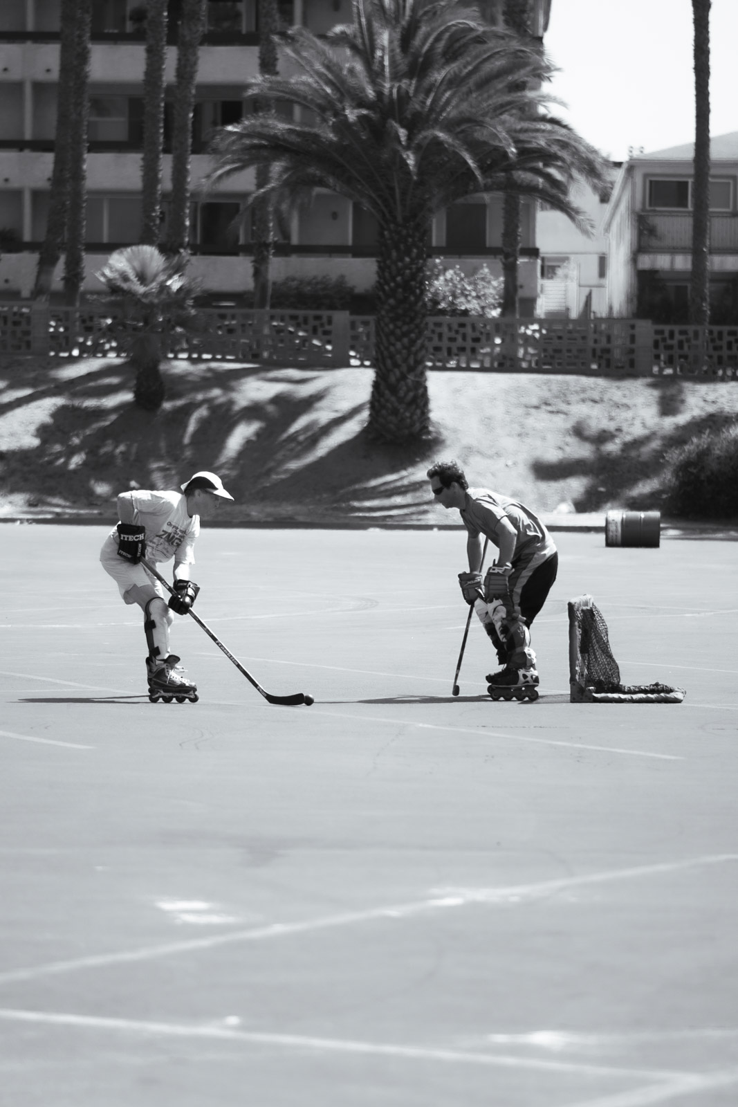 Roller hockey game between two players, Los Angeles