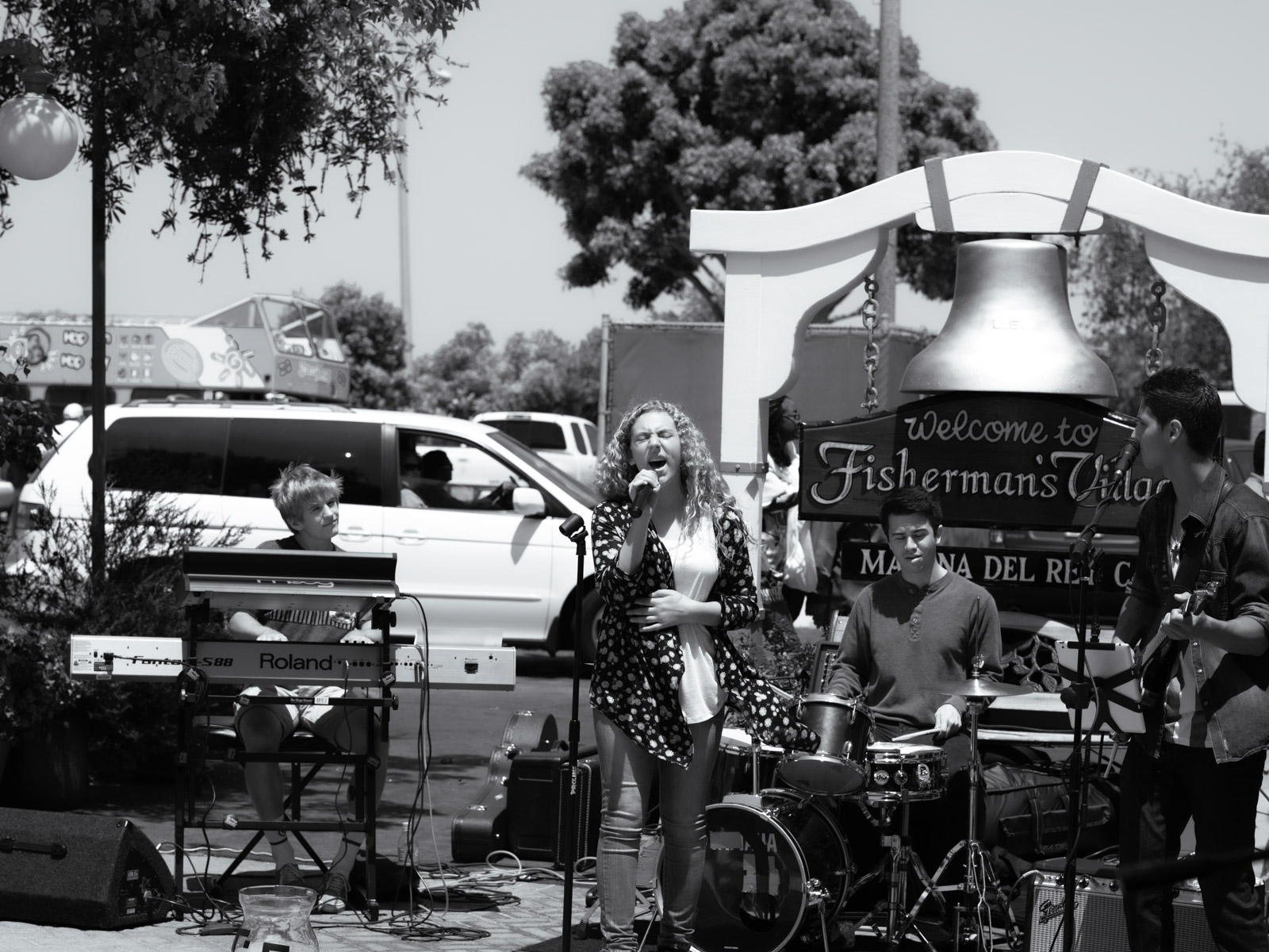 Band playing live music outdoors at Fisherman's Village, Los Angeles