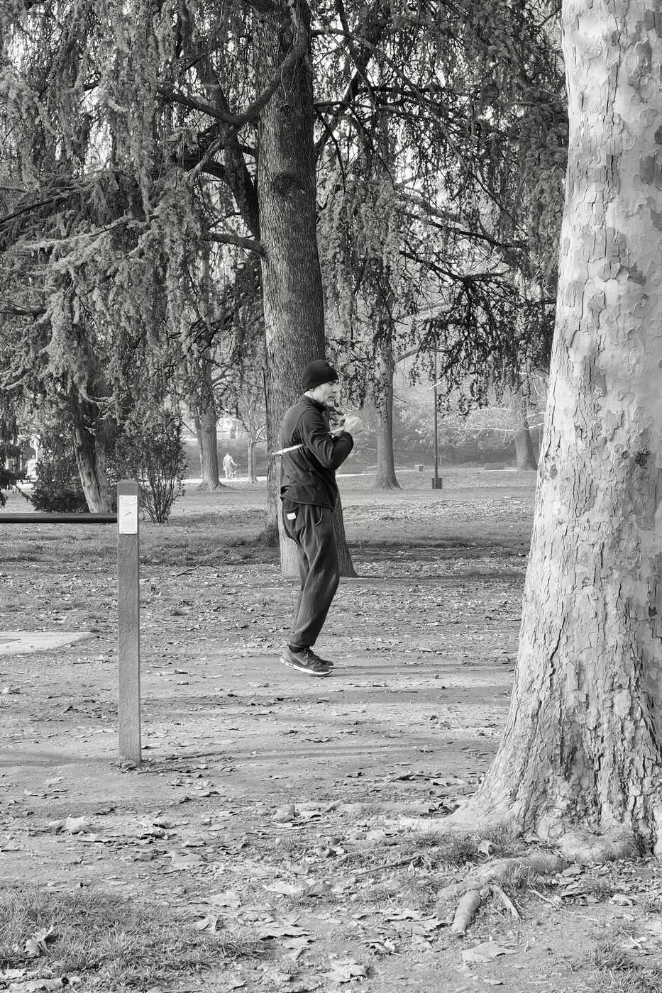 A man in a beanie practises tai chi with a sword under the trees, Milan