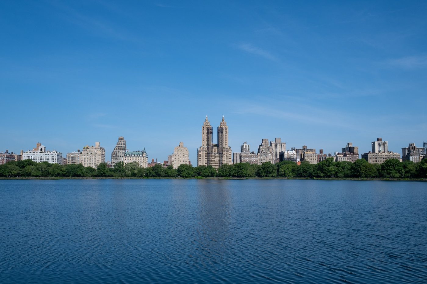 San Remo towers reflected in the Central Park reservoir, New York