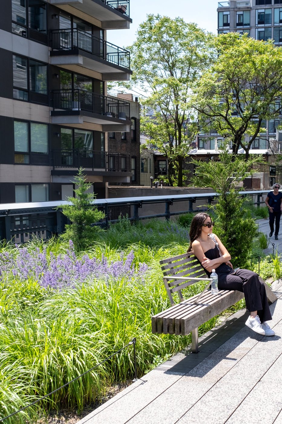 Woman sitting on a bench amid the tall grasses of the High Line, New York