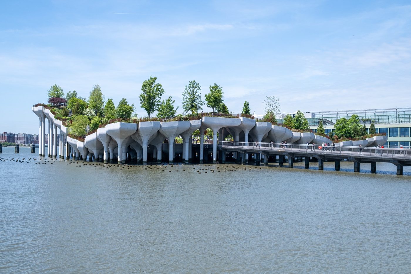 Sculptural concrete structure of Little Island set on the Hudson, New York
