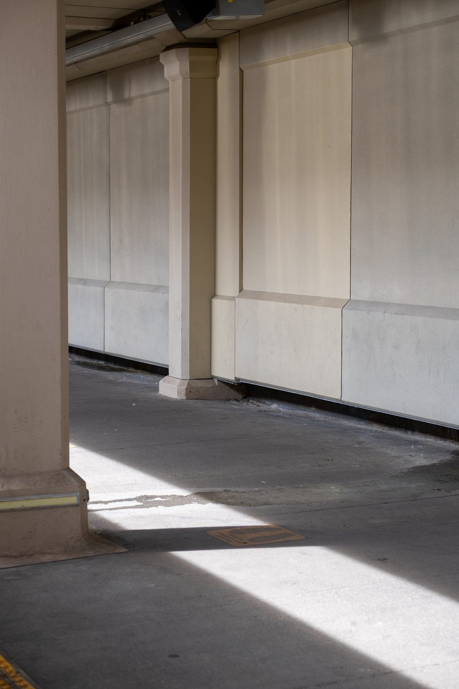Play of light and shadow on the columns of minimalist architecture, New York