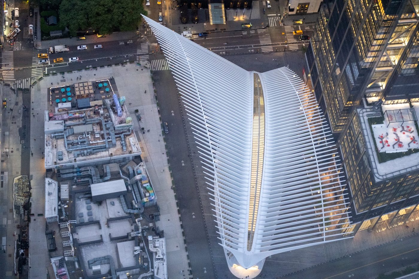 Nighttime aerial view of the Oculus's white structure, New York