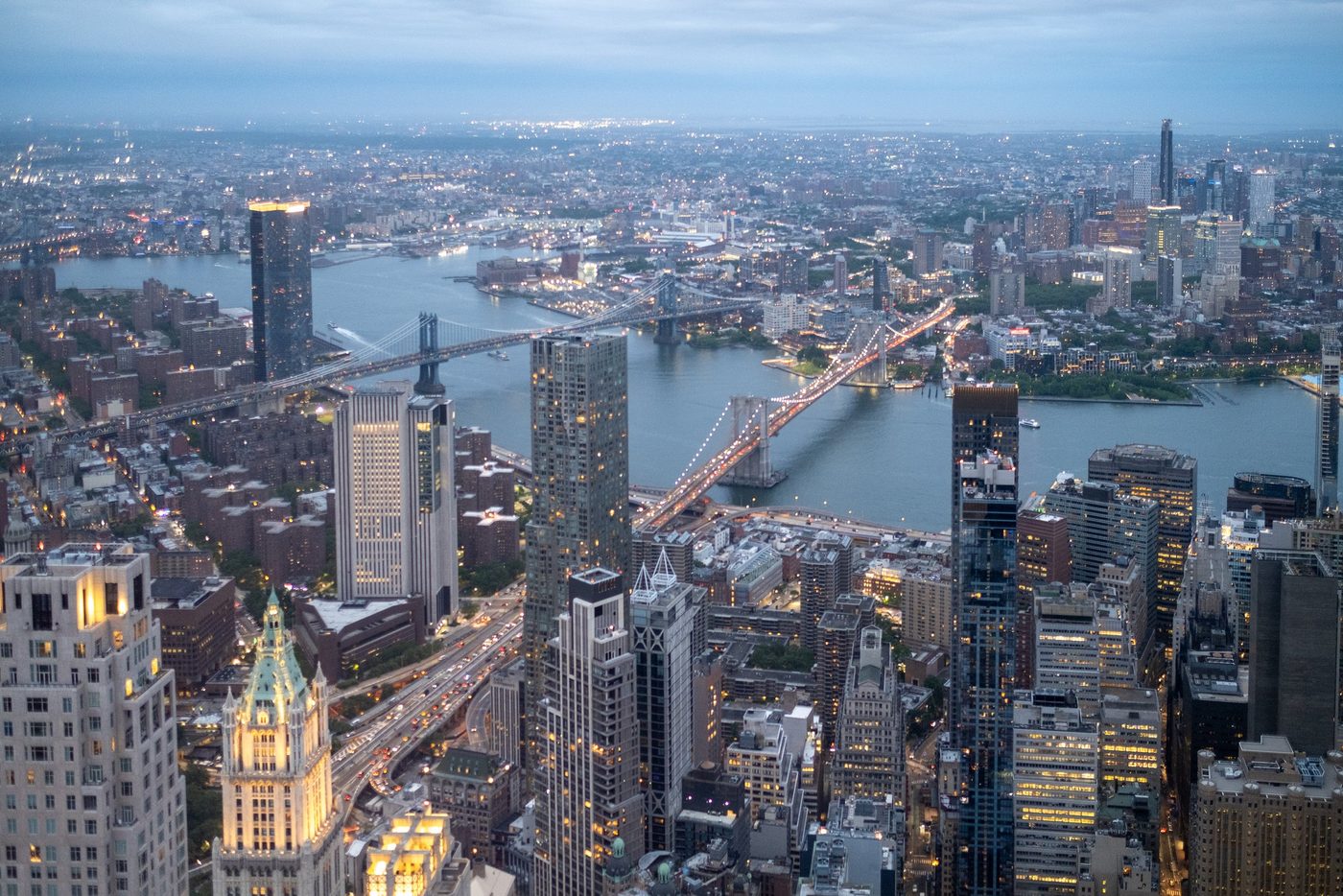 Aerial dusk view of the bridges spanning the East River, New York