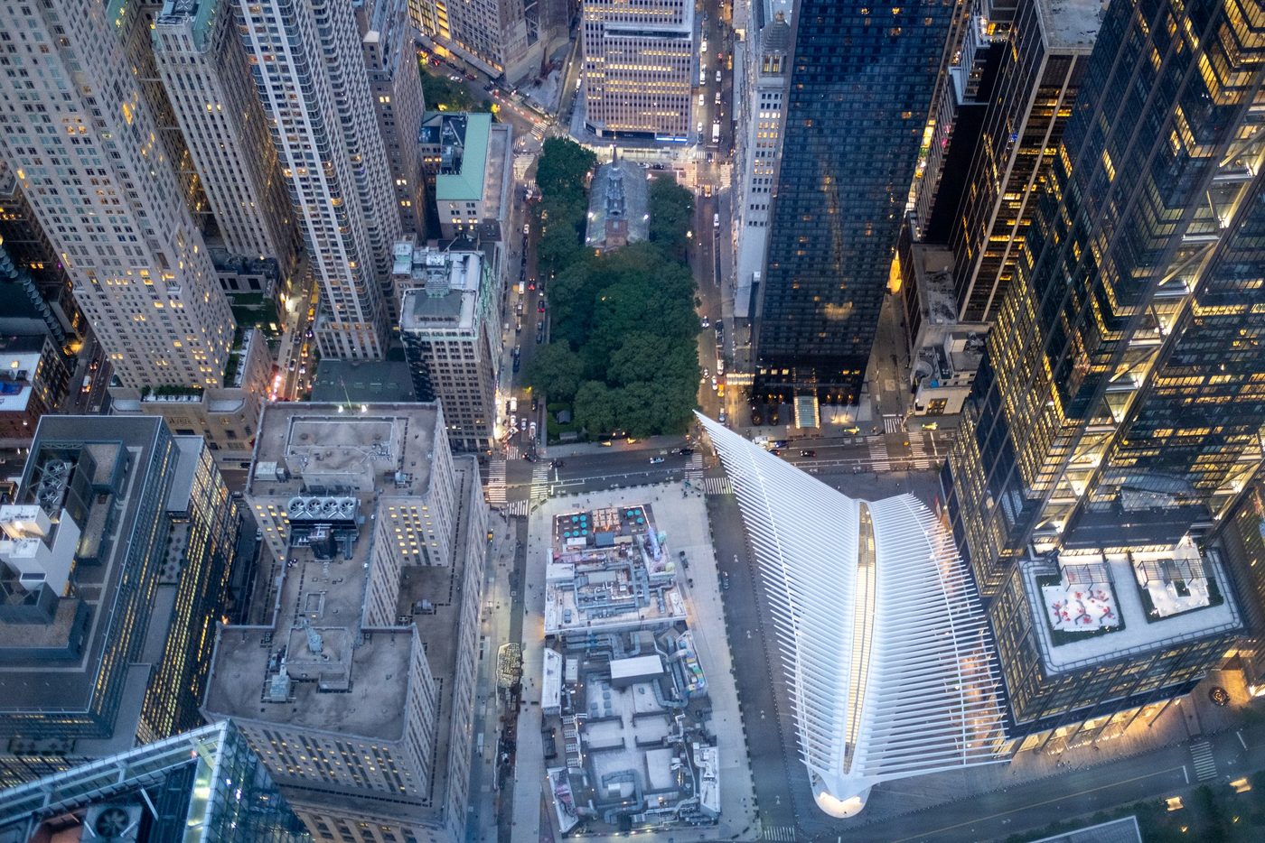 Nighttime overhead view of the Oculus and the neighboring park, New York