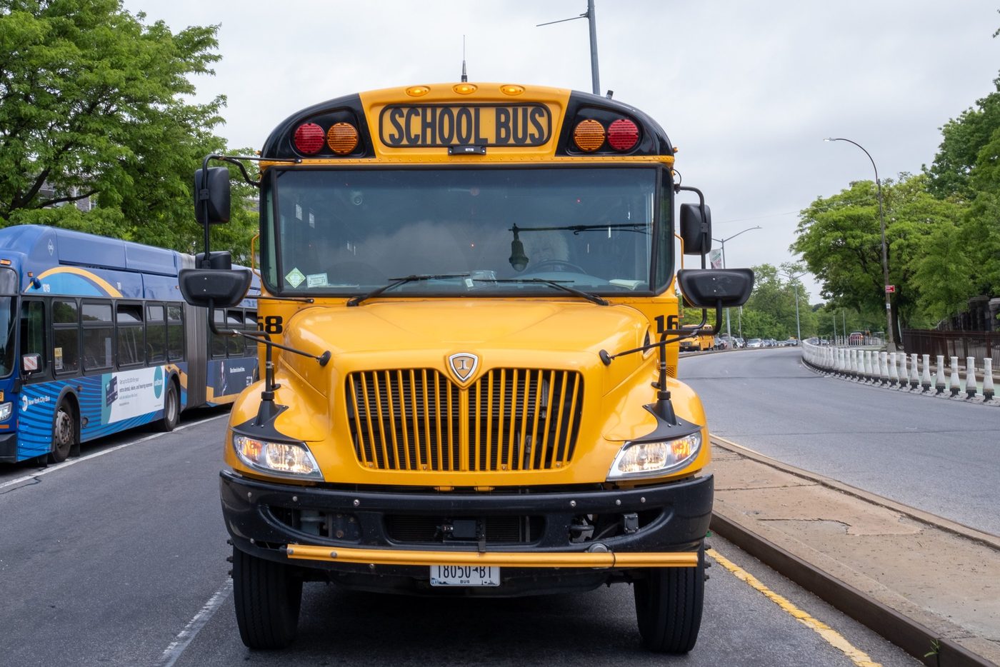 Yellow school bus seen from the front next to a city bus, New York