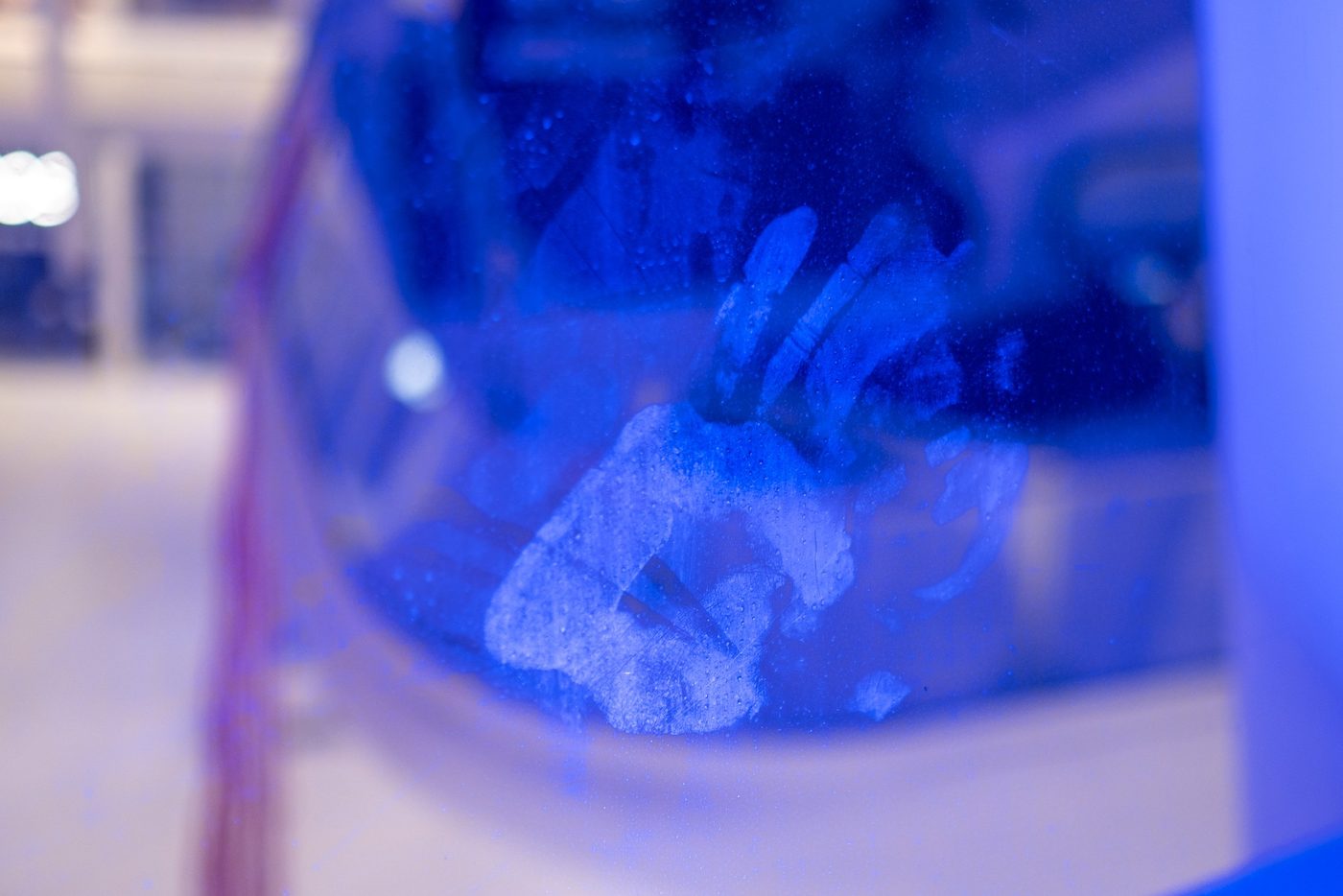 Blurred silhouette of a hand pressed against a window bathed in blue light, New York