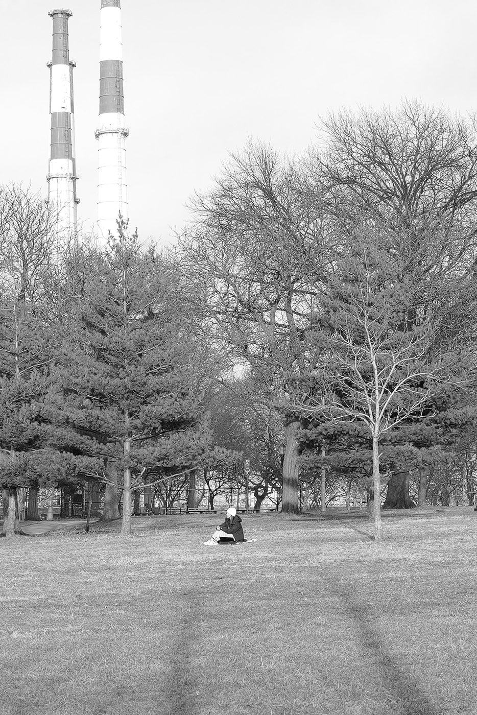 Person sitting alone in the grass under bare trees, smokestacks in the background, New York