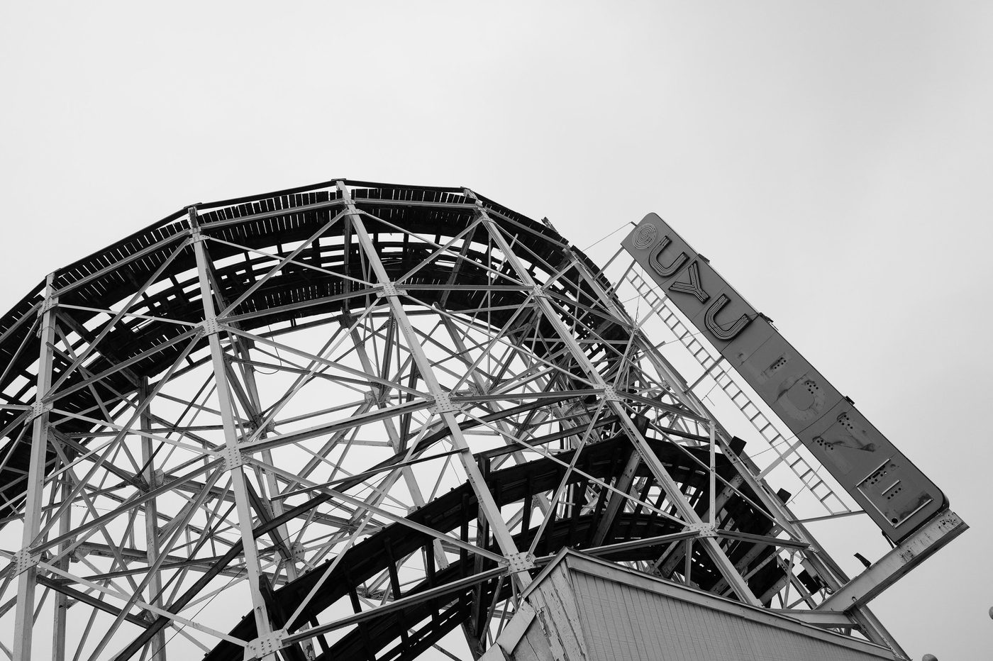 Low-angle view of the wooden roller coaster structure, New York