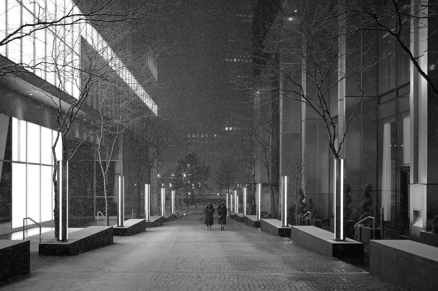 Two passersby crossing a snowy path lined with lit columns, New York