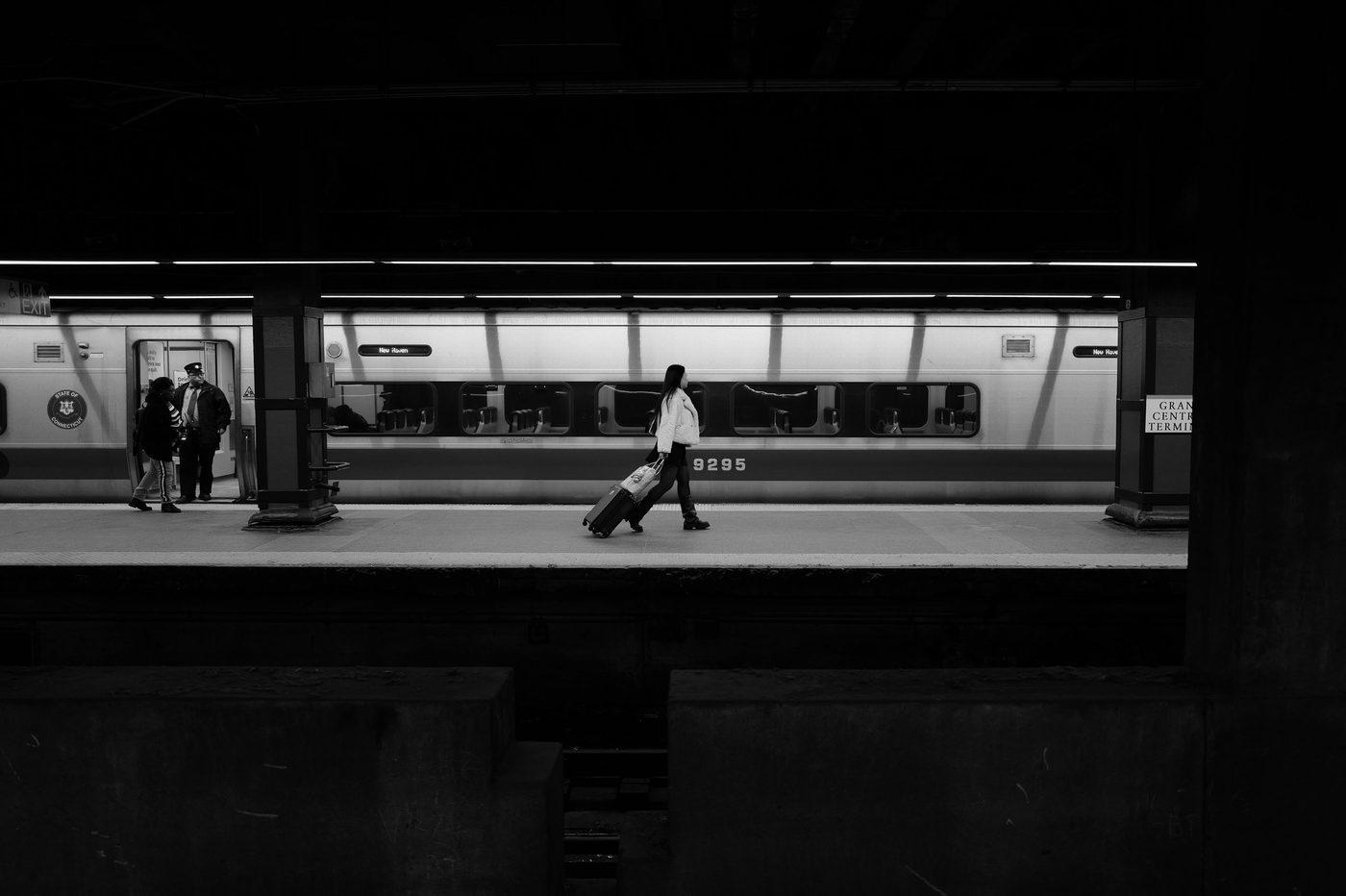 Female passenger pulling her suitcase on the platform of Grand Central Terminal, New York