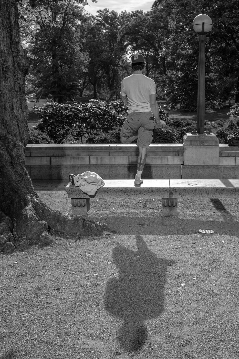 Man perched on a stone balustrade in Central Park, New York