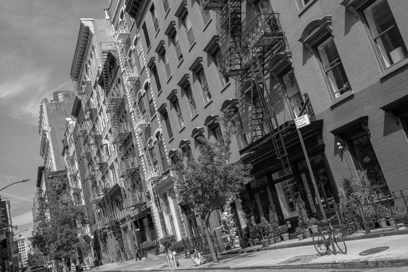 Cast-iron facades and fire escapes seen from below, New York