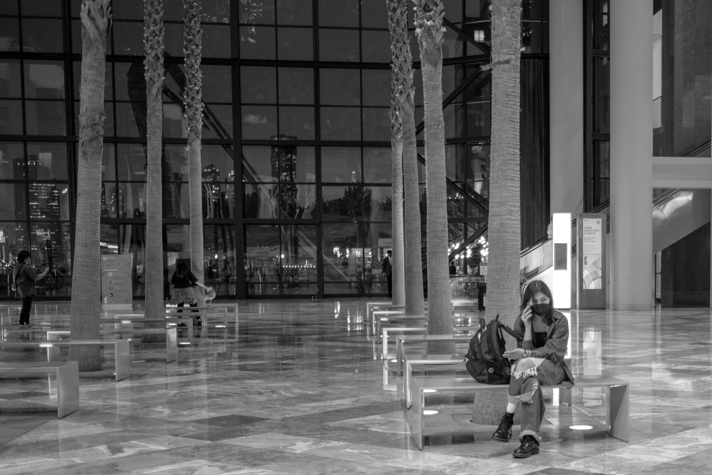 Masked woman sitting beneath indoor palm trees, skyline visible in the background, New York