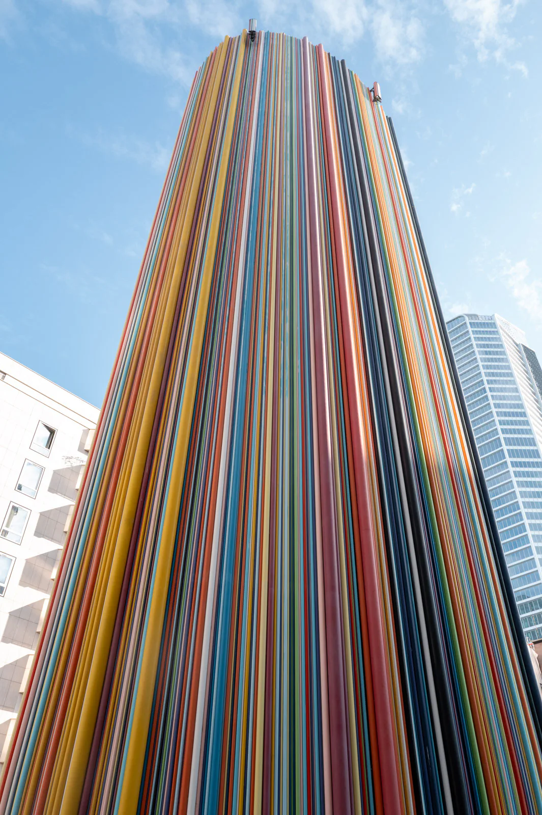 The colour-striped Moretti chimney seen from below, Paris