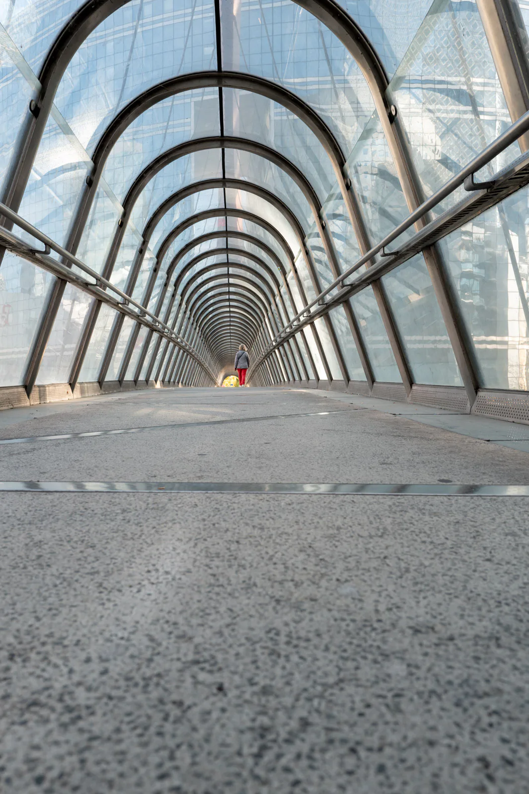 A footbridge covered with glass arches stretching into the distance, Paris