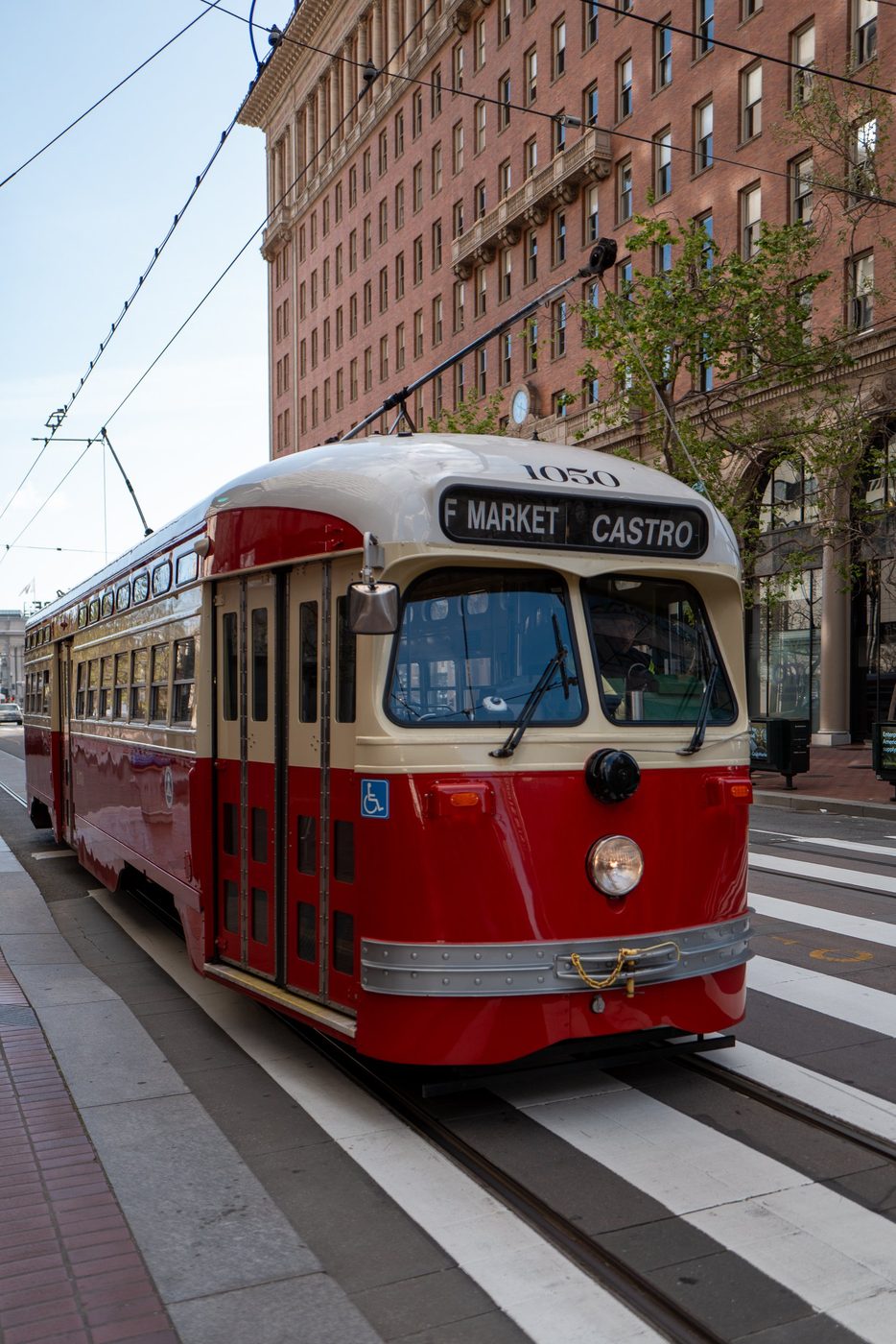 Vintage red and cream streetcar number 1050 of the F Market & Castro line, San Francisco