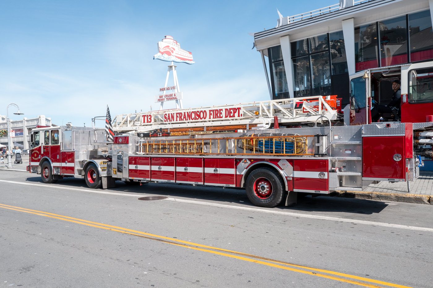 San Francisco Fire Department ladder truck parked near the ferry terminal, San Francisco