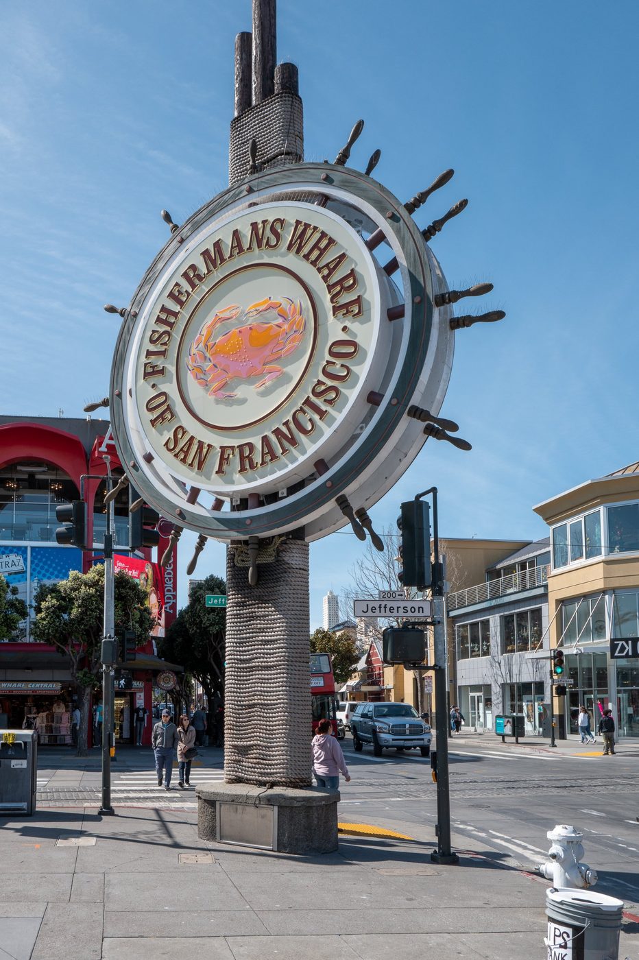 Iconic Fisherman's Wharf sign shaped like a ship's wheel, San Francisco