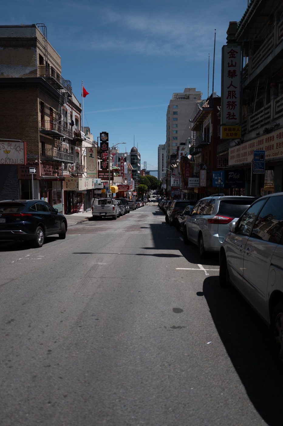 Busy Chinatown street lined with signs in Chinese, silhouette of the Bay Bridge in the distance, San Francisco
