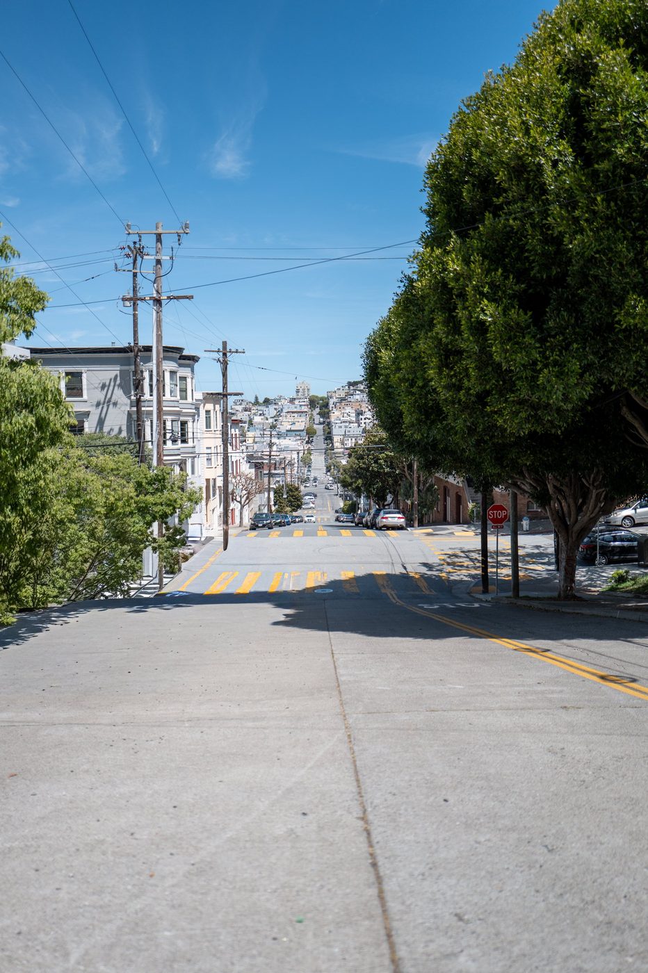Steeply sloping street revealing the hills and houses of the neighborhood, San Francisco