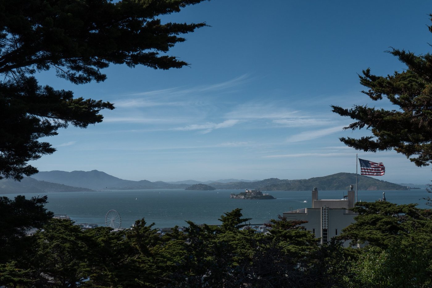 View of the bay and Alcatraz Island framed by pine trees, American flag flying, San Francisco