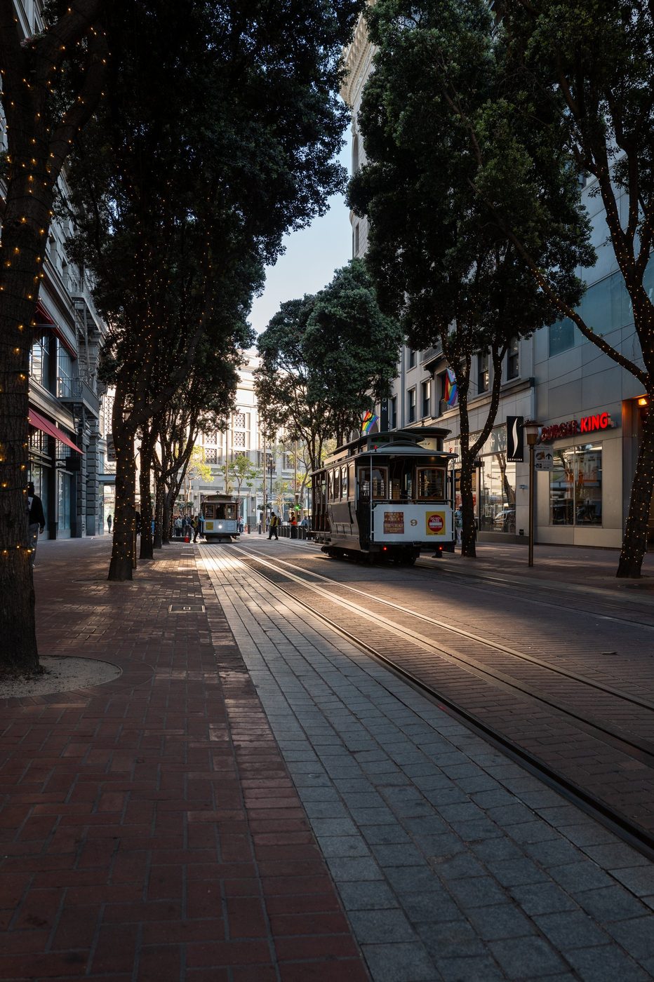 Two cable cars crossing paths under an illuminated tree-lined avenue, Burger King sign, San Francisco