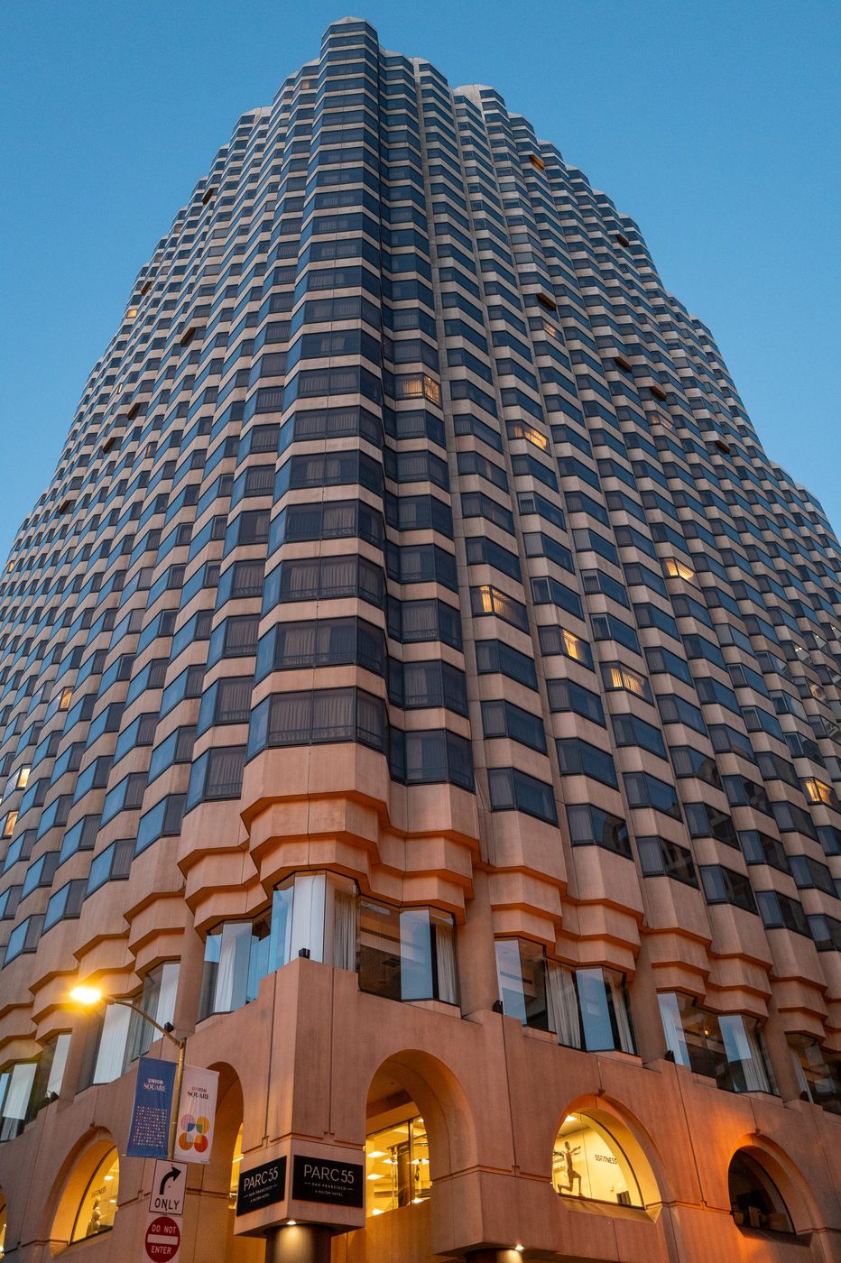 Hotel Parc 55 tower in low-angle view, zigzag façade at dusk, San Francisco