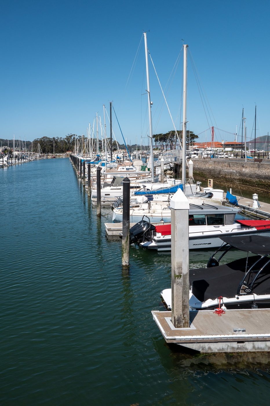 Sailboats moored along the docks of a marina, Golden Gate Bridge on the horizon, San Francisco