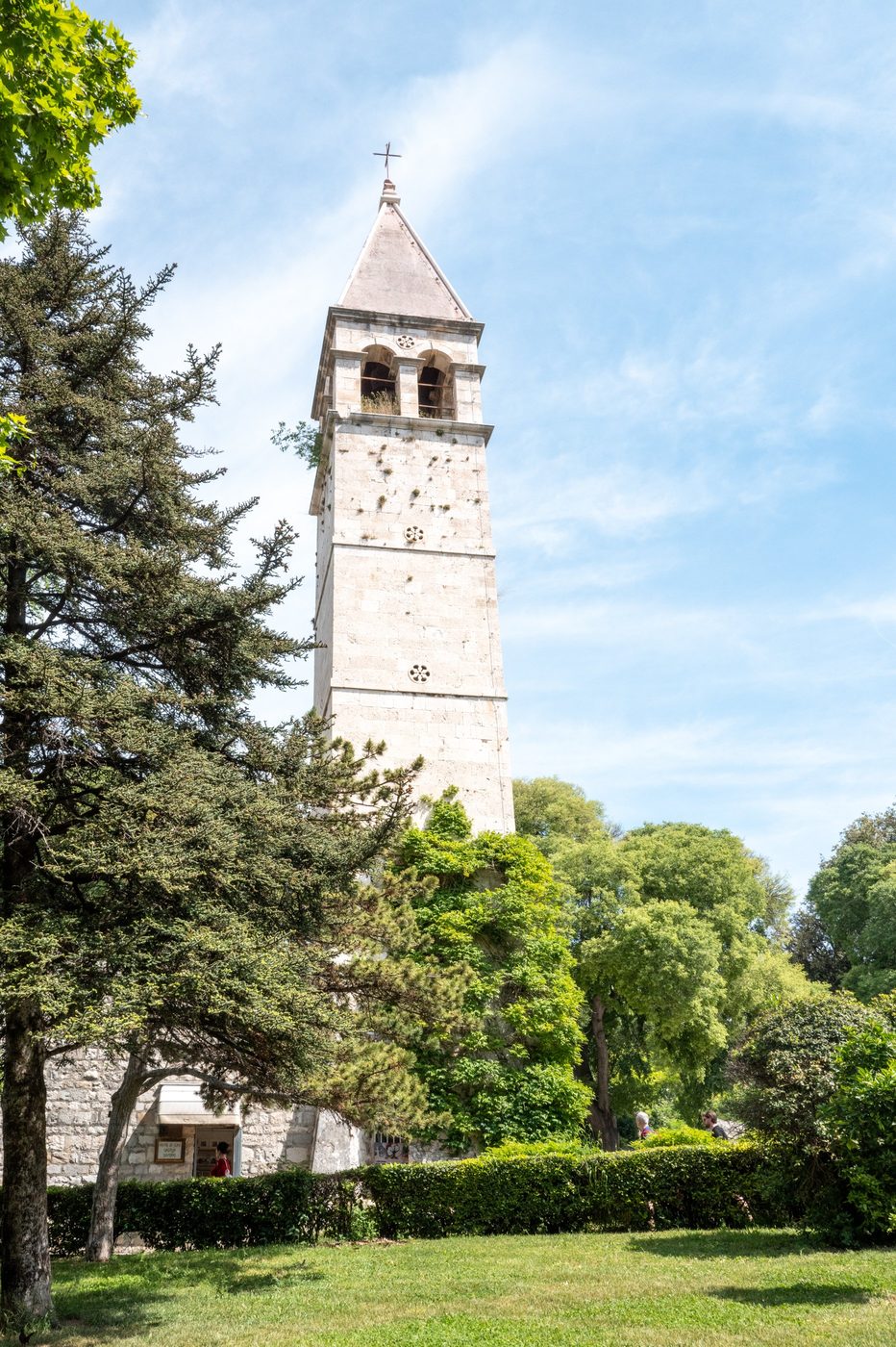 White bell tower rising above the trees of a garden, Split