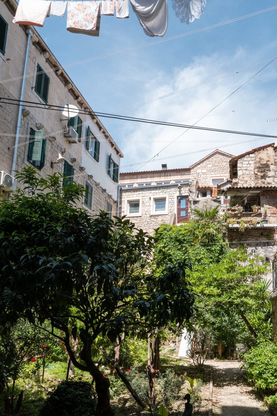 Colorful clothes hung above a lush garden, Split