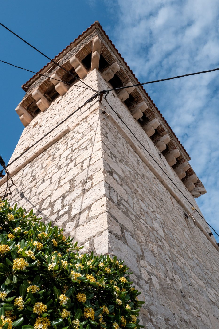 Low-angle view of the corner of a flower-covered stone tower, Trogir