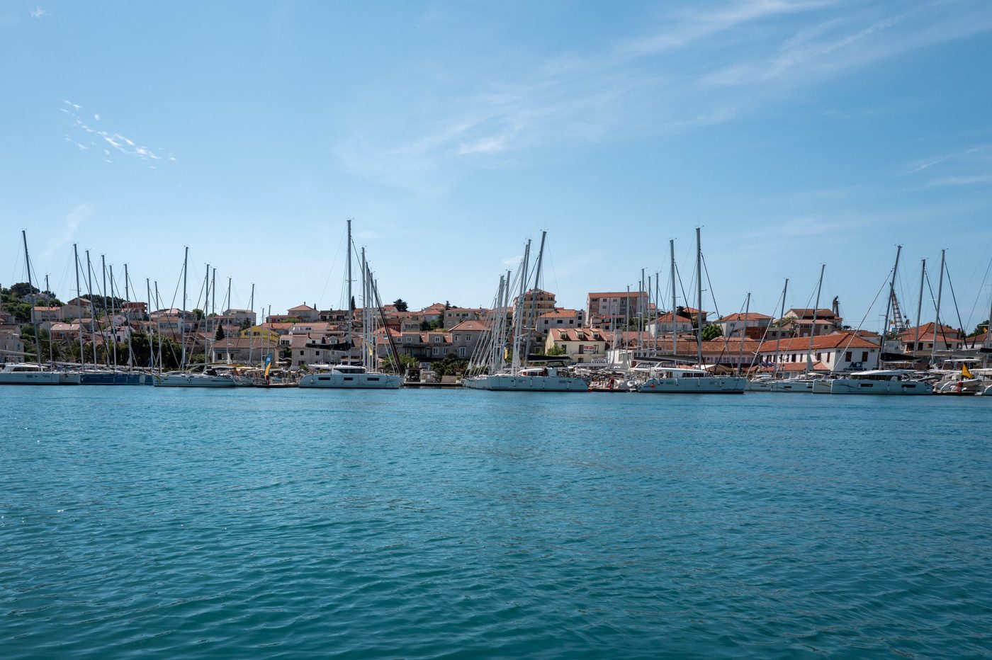 Wide panorama of the marina and the village with its tiled roofs, Trogir