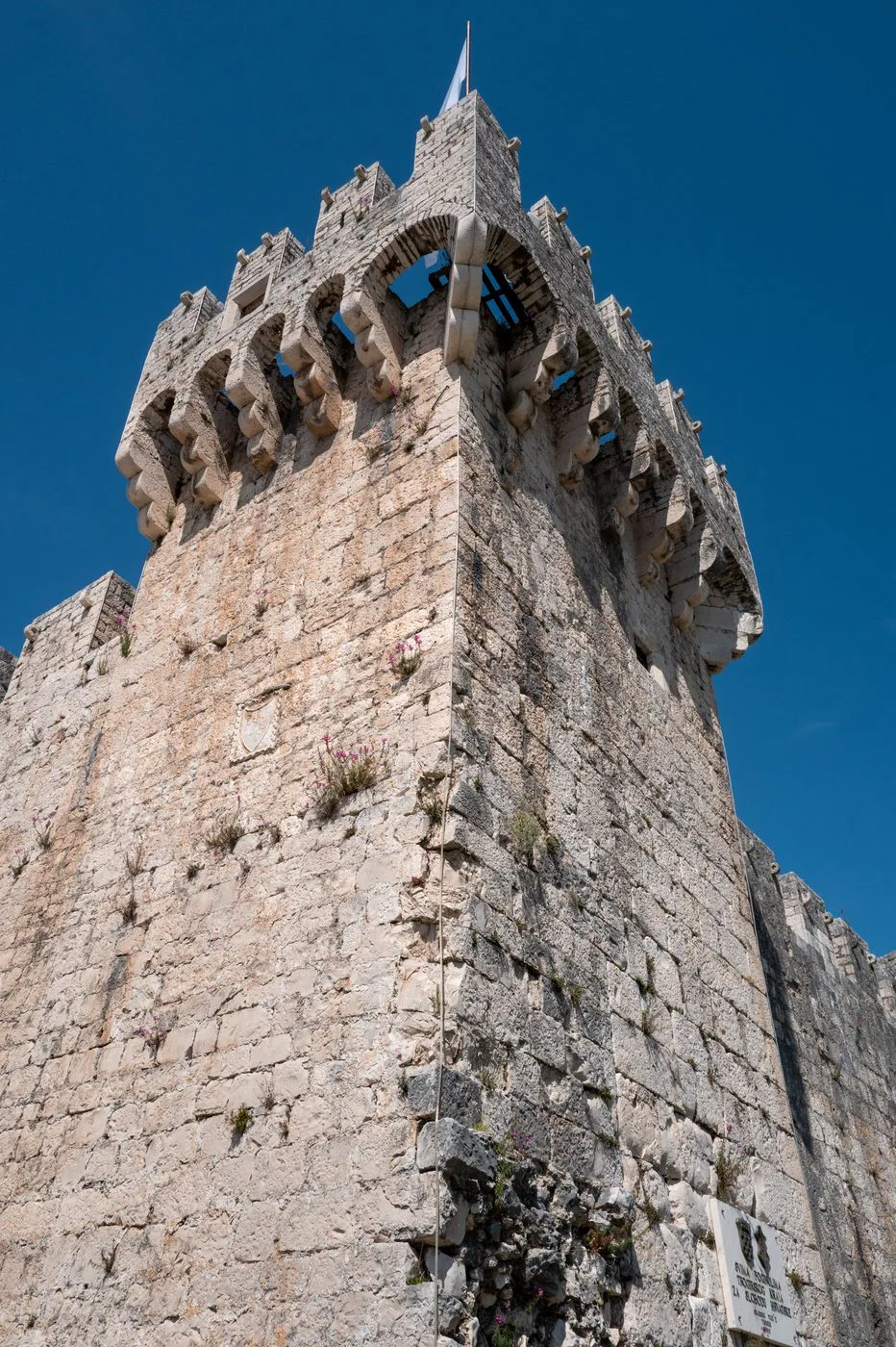 Tour crénelée de la forteresse Kamerlengo dressée contre un ciel bleu intense, blason et fleurs sauvages sur la pierre, Trogir