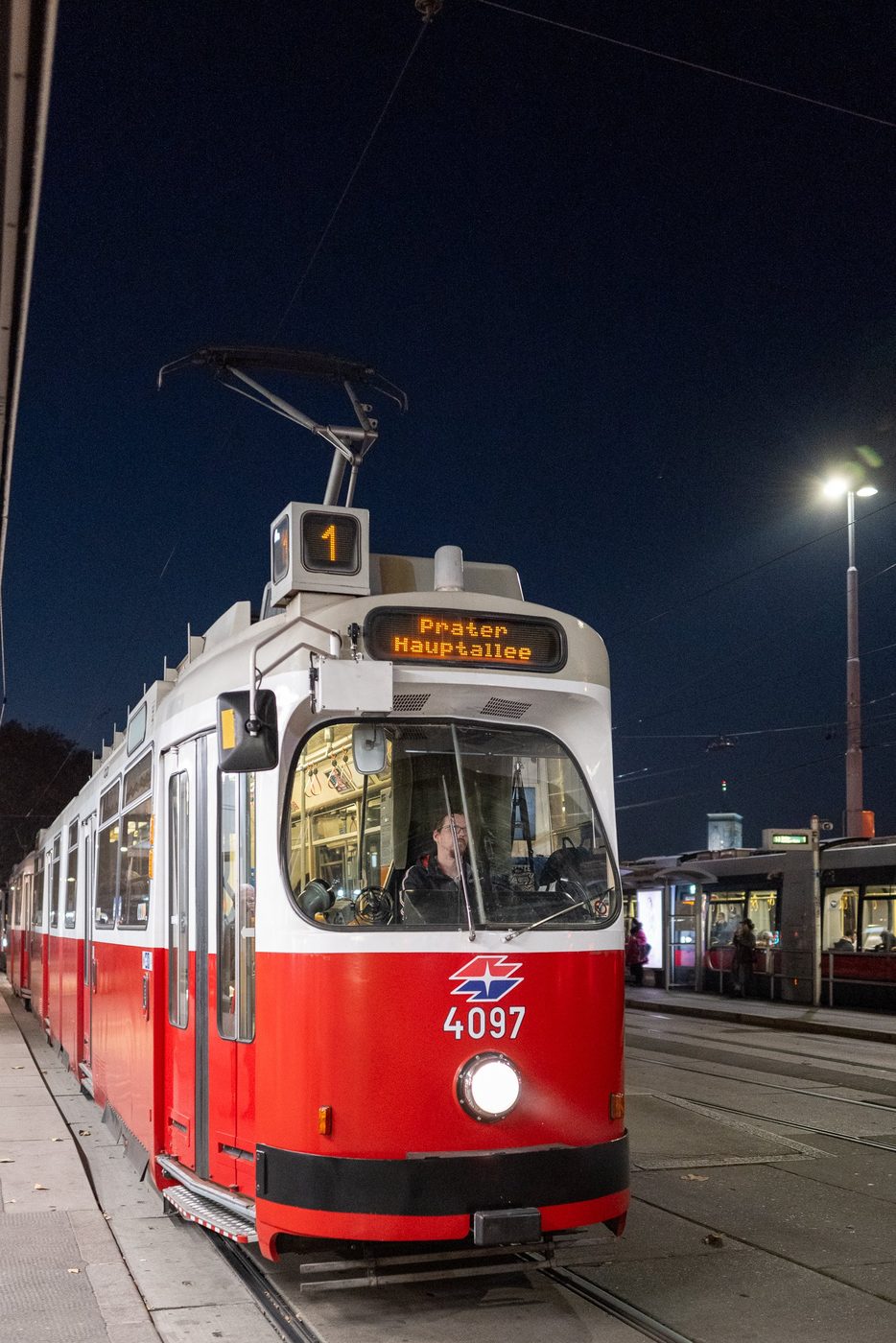Number one tram displaying its destination at night, Vienna