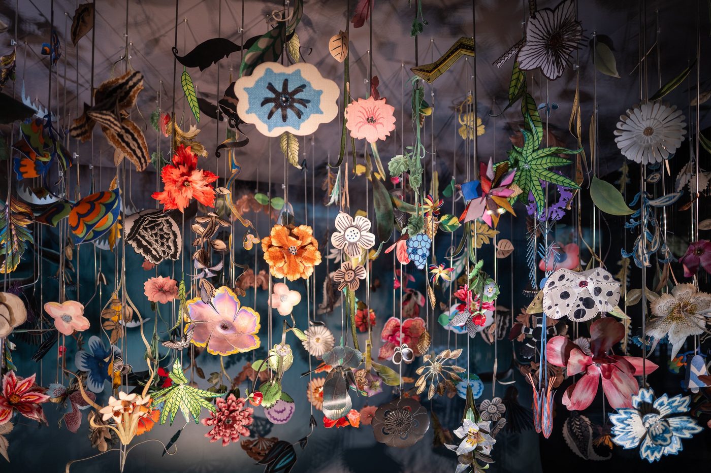 Installation of paper flowers hanging from the ceiling, Vienna