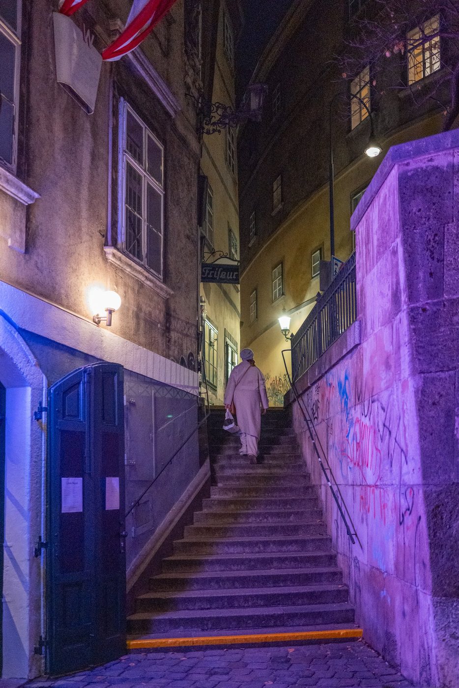 Silhouette climbing a purple staircase between the nighttime facades, Vienna