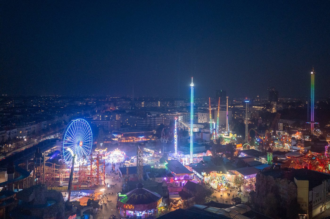 Illuminated Ferris wheel at the heart of the Prater by night, Vienna