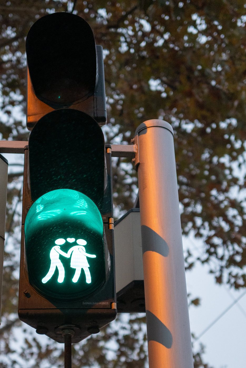 Green pedestrian light showing a couple holding hands, Vienna